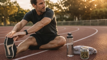 Corredor adulto estirando tras entrenar junto a una botella de agua y flores botánicas sin marca