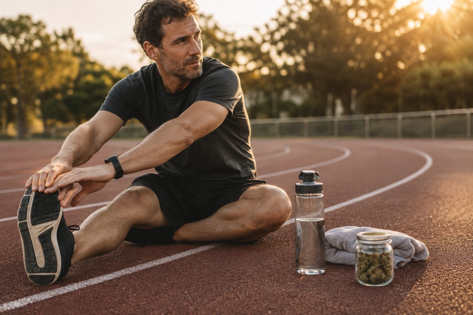 Corredor adulto estirando tras entrenar junto a una botella de agua y flores botánicas sin marca