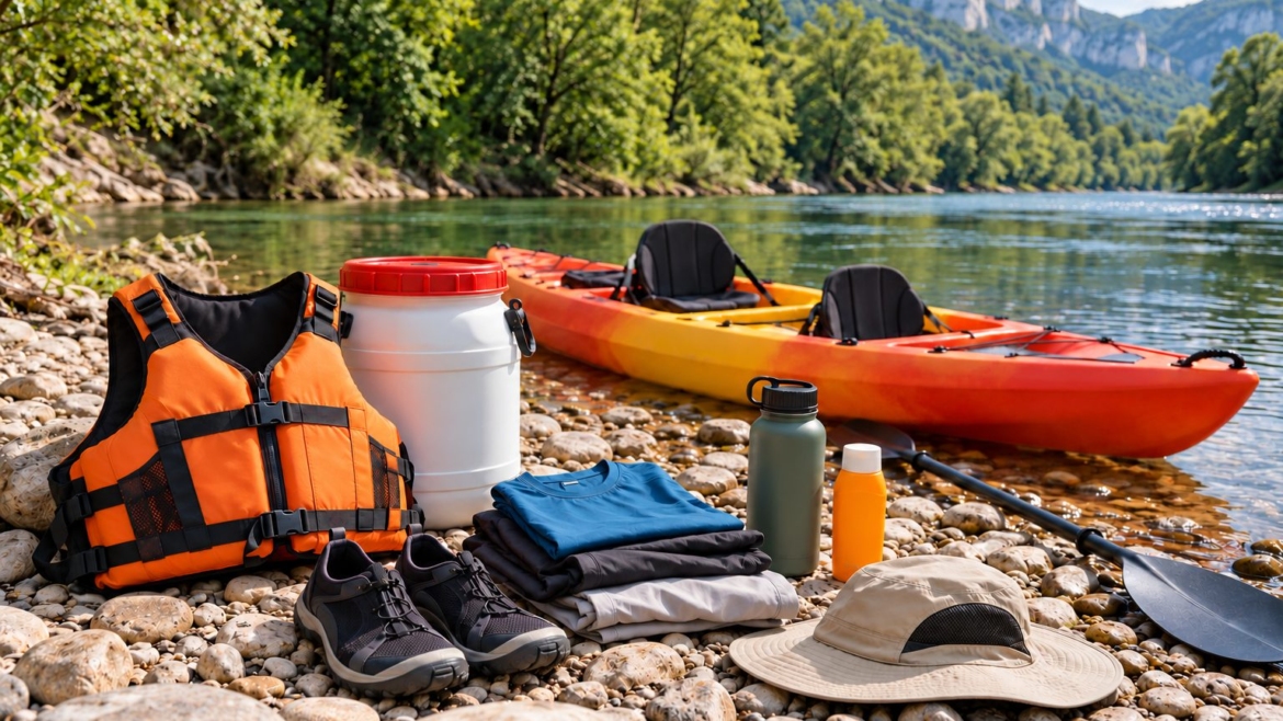 Chaleco, calzado cerrado, ropa, agua y bidón estanco junto a un kayak doble en un río