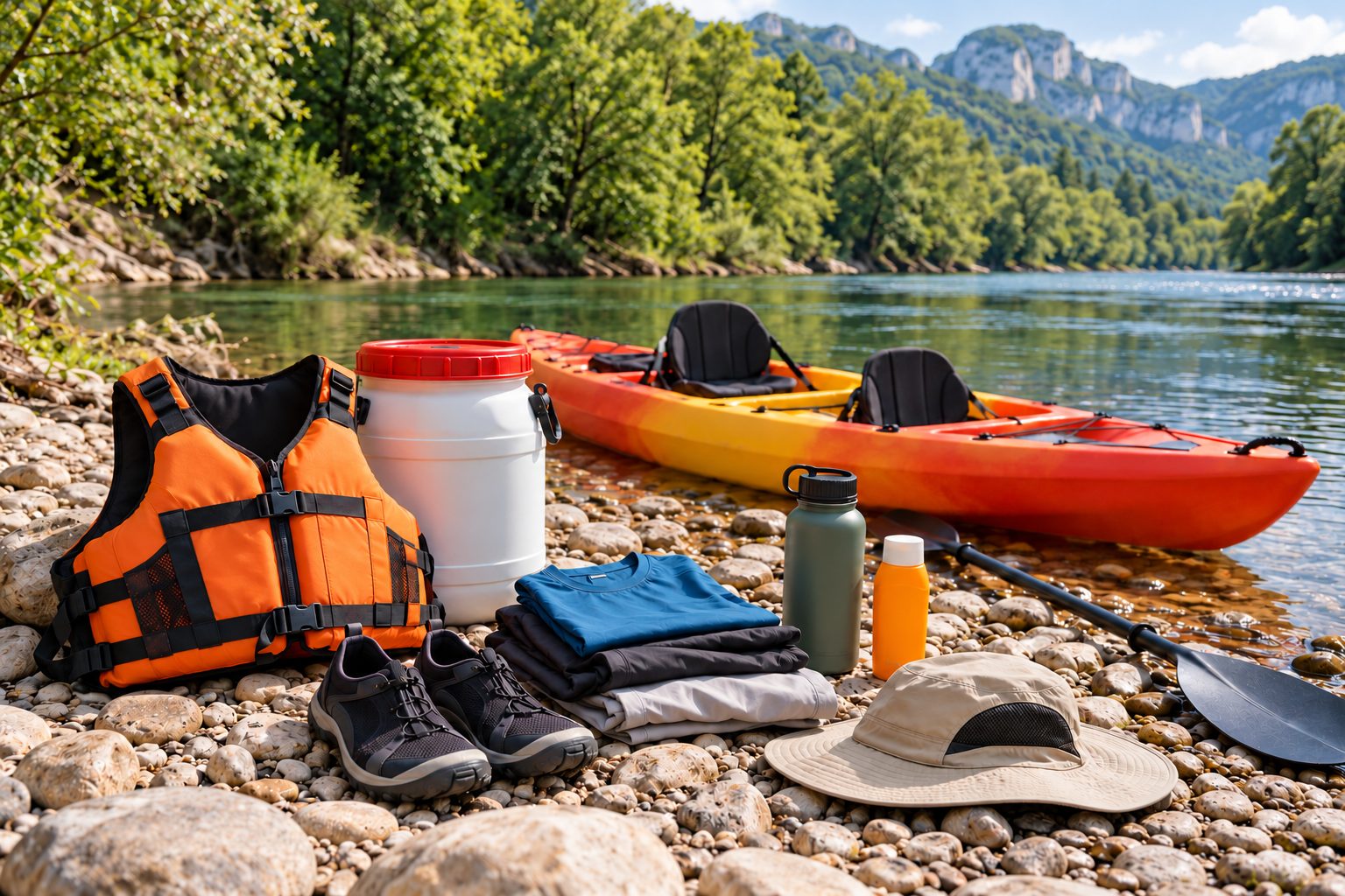 Chaleco, calzado cerrado, ropa, agua y bidón estanco junto a un kayak doble en un río