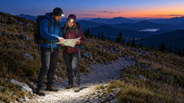Dos senderistas con frontales y mochilas consultando un mapa en una senda al anochecer