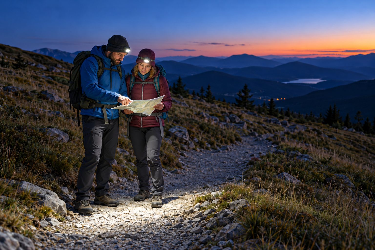 Dos senderistas con frontales y mochilas consultando un mapa en una senda al anochecer